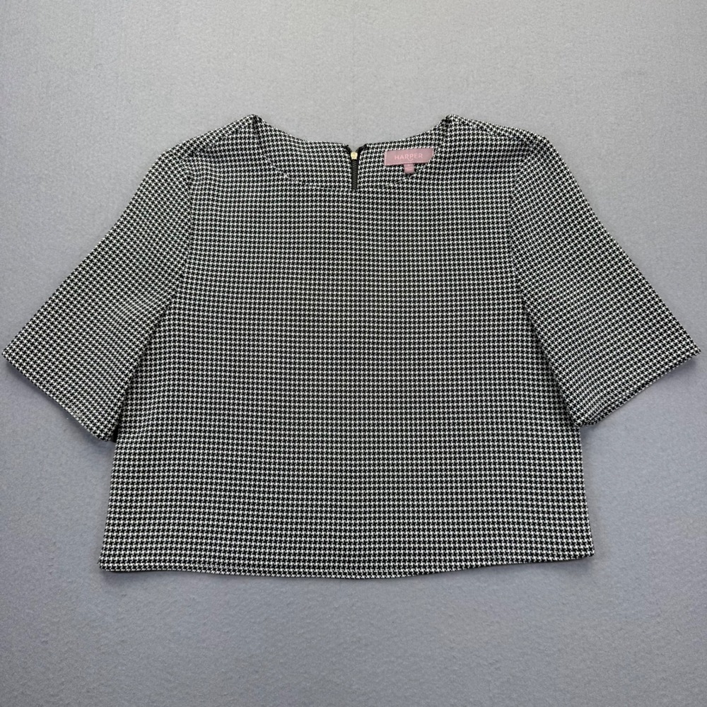 Harper Womens Black White Houndstooth Short Sleeve Cropped Boxy Top Size Small